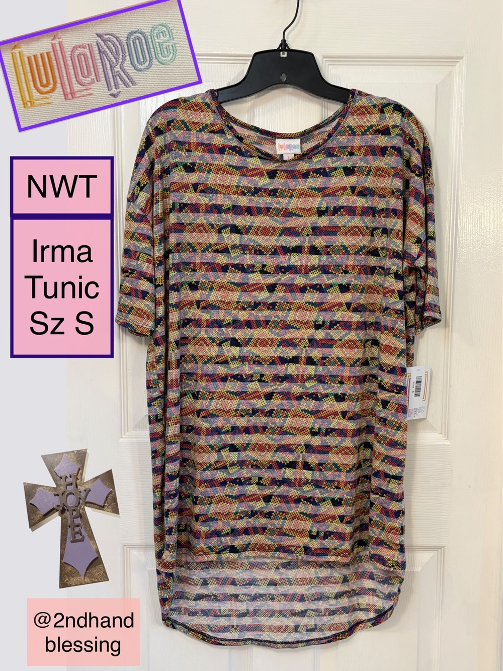 NWT LuLaRoe Irma Hi Low Tunic Top, Women S, Multicolor Striped Geometric Print